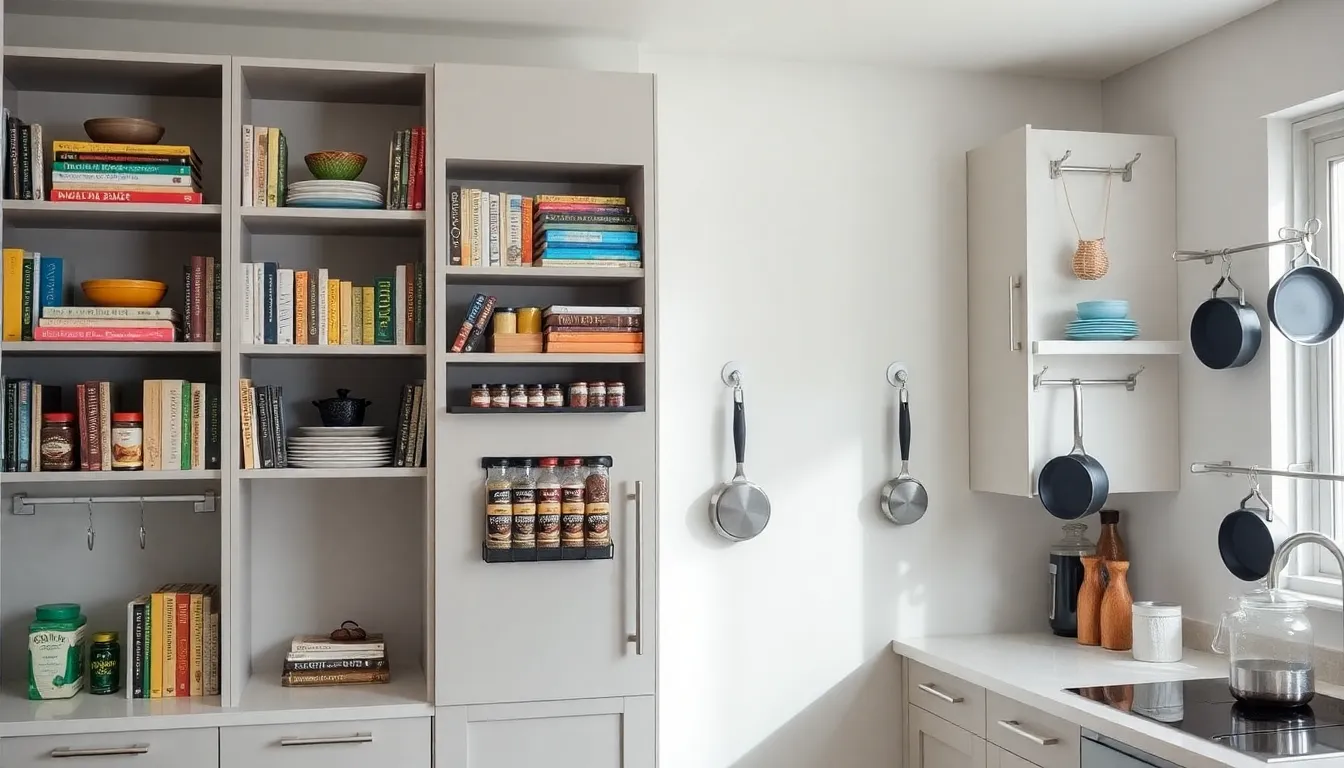 modern kitchen with innovative vertical storage solutions and organized shelves.