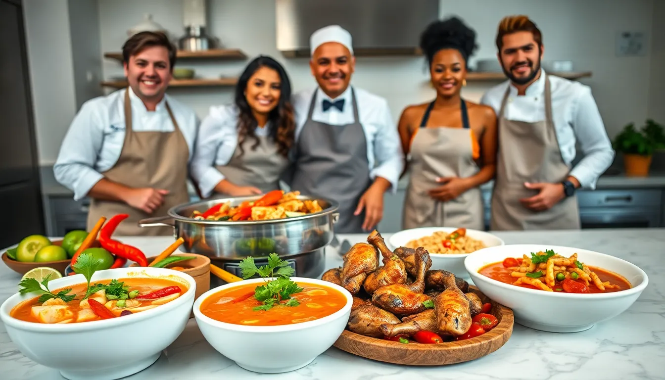 A vibrant display of diverse spicy dishes in a modern kitchen.